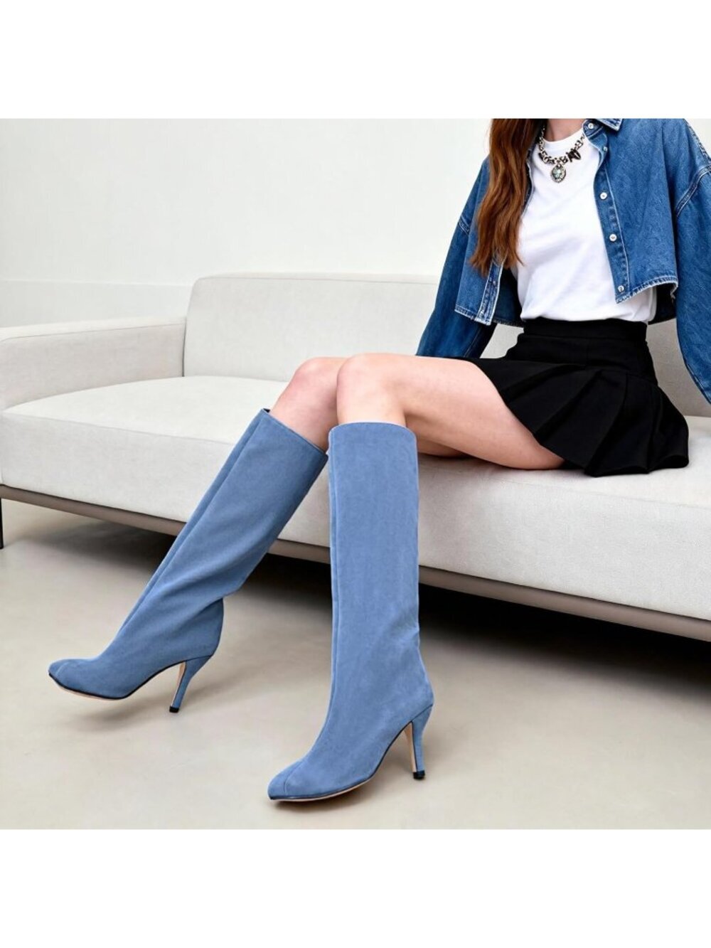 Women's Suede Knee High Boots Square Toe Blue Stiletto Heels Wide Calf Boot - Picture 3 of 6